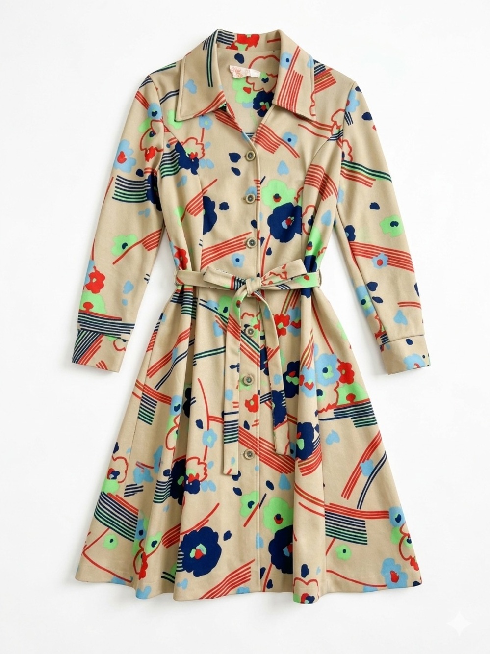 Vintage Lady Carol of NY Womens Beige Floral Shirt Dress Tie Waist MCM Button